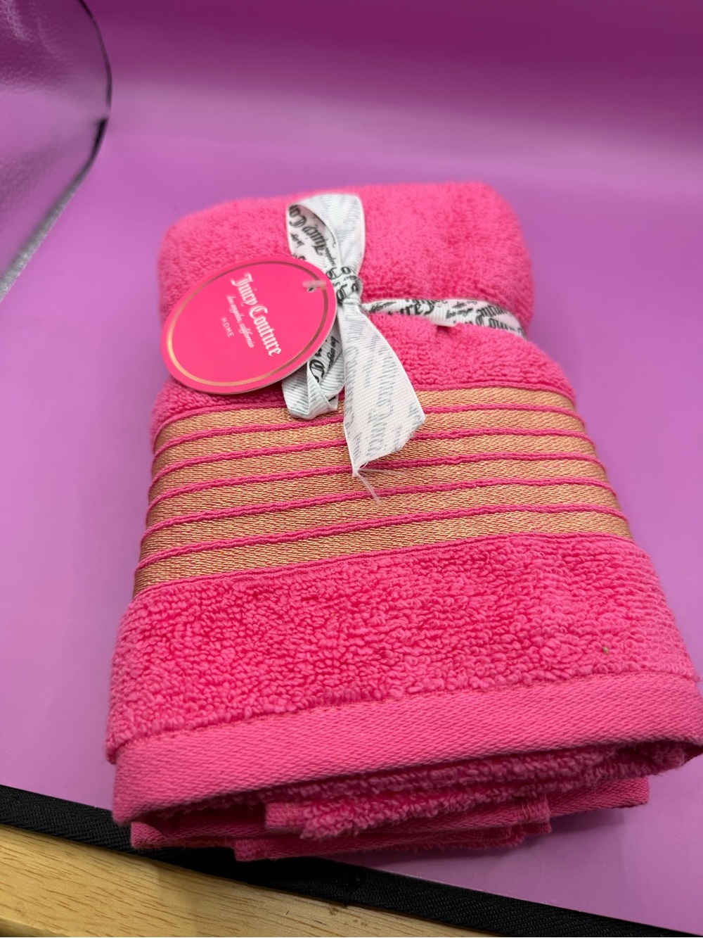 Juicy Couture Pink with Gold Stripes Hand Towels